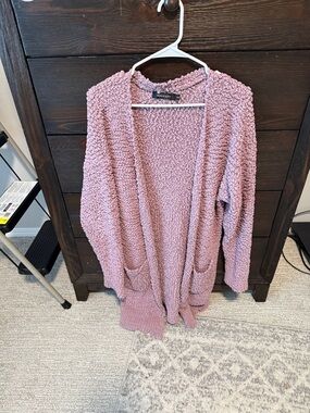 Open-Front Plush Bouclé Cardigan in Dusty Rose